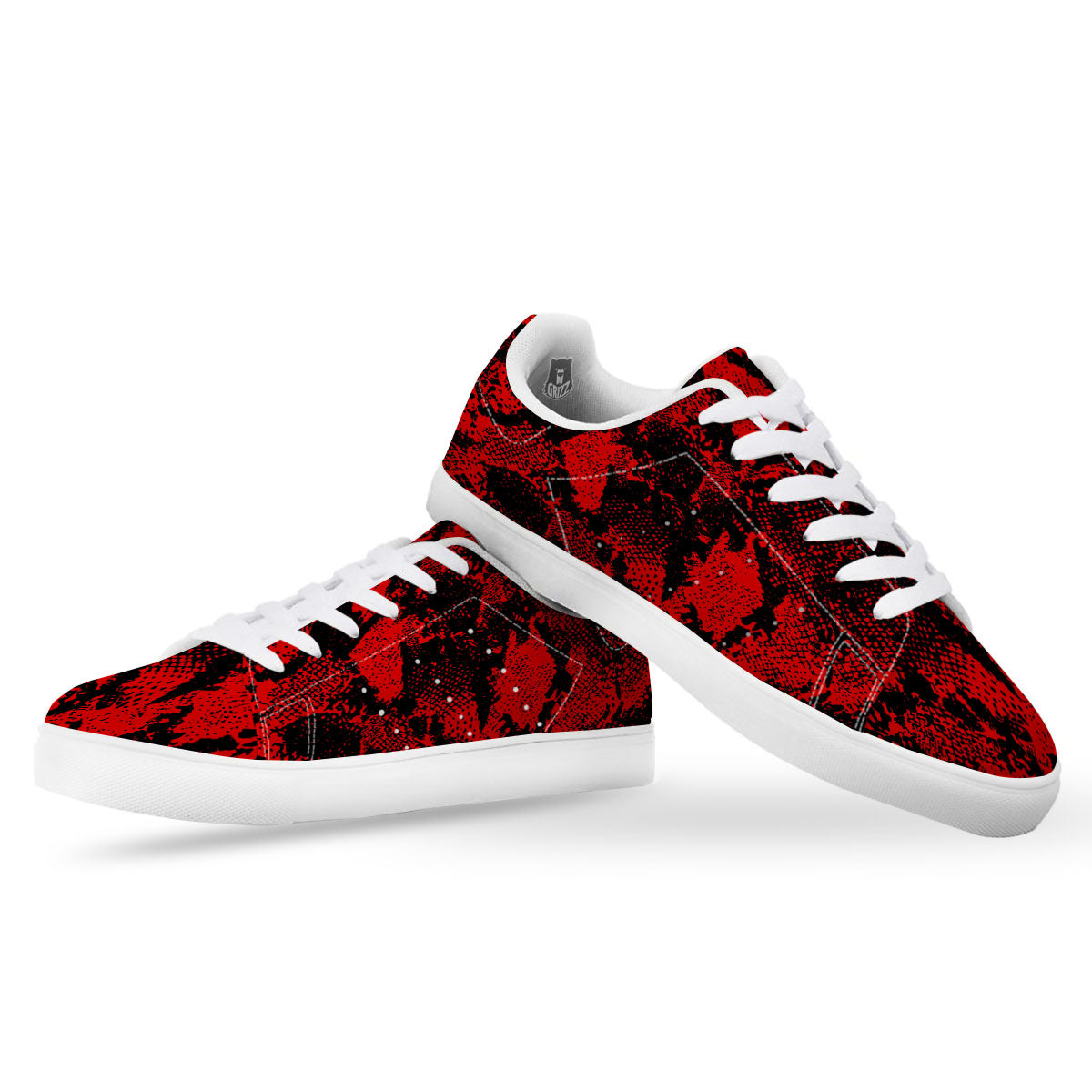 Snakeskin Black And Red Print White Low Top Sneakers-grizzshop