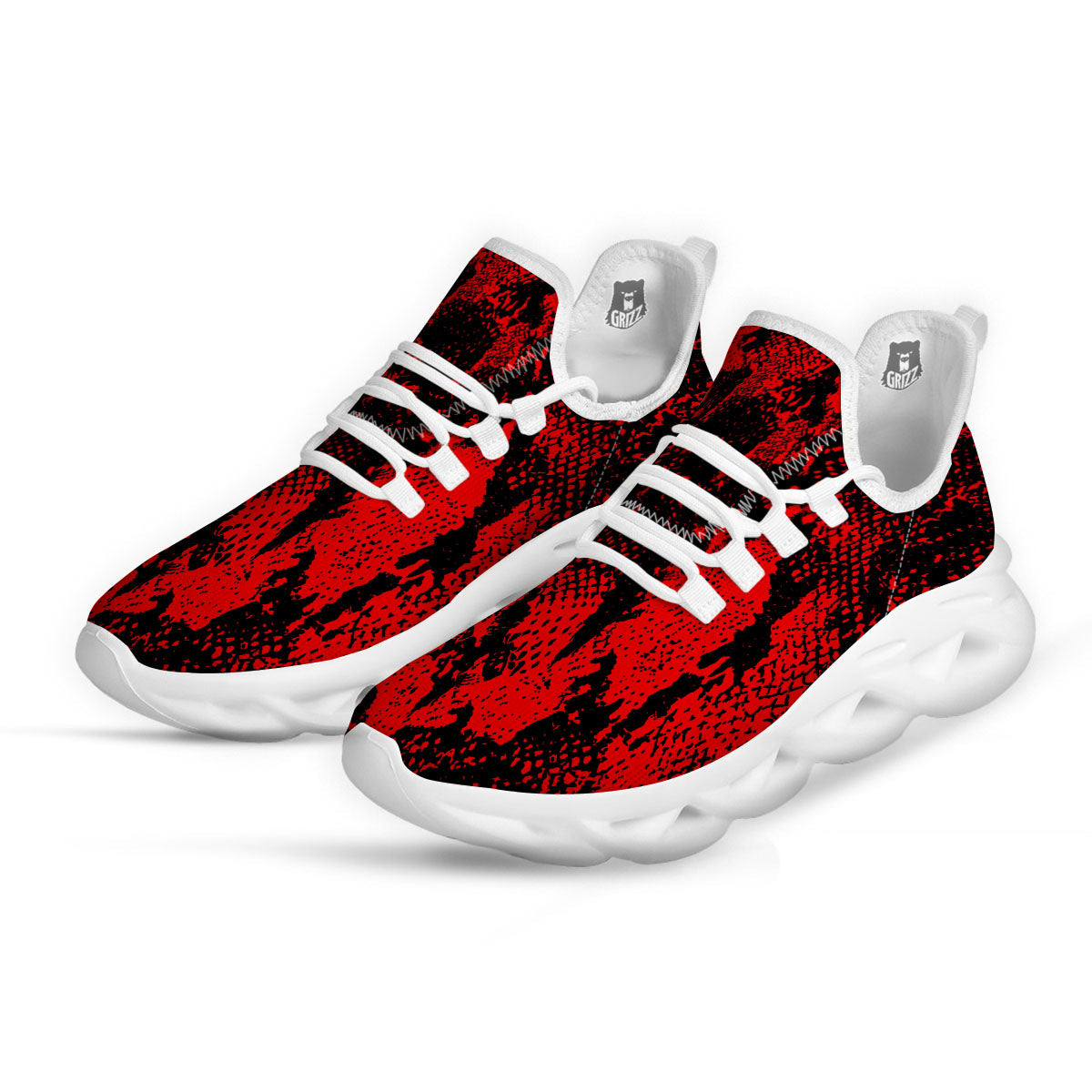 Snakeskin Black And Red Print White Running Shoes-grizzshop