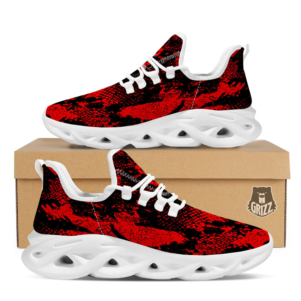 Snakeskin Black And Red Print White Running Shoes-grizzshop