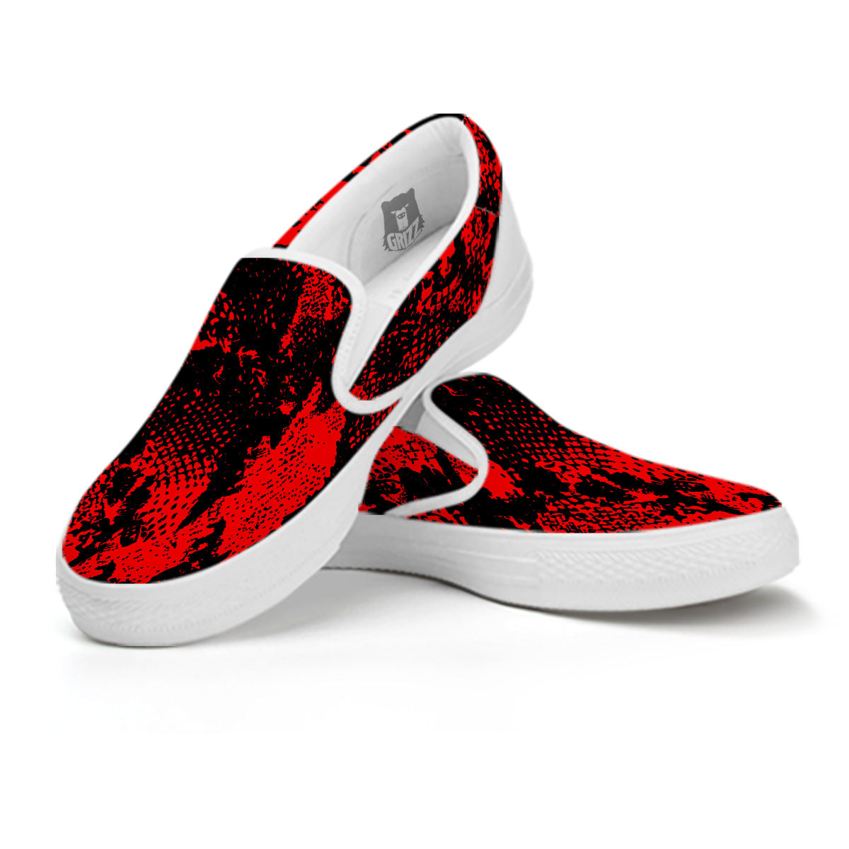 Snakeskin Black And Red Print White Slip On Shoes-grizzshop