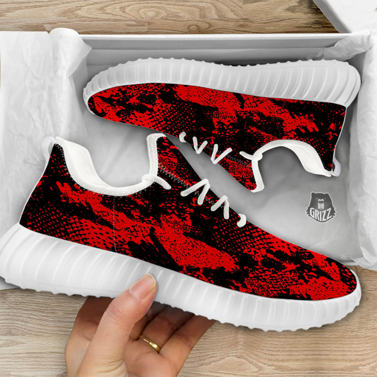 Snakeskin Black And Red Print White Walking Shoes-grizzshop