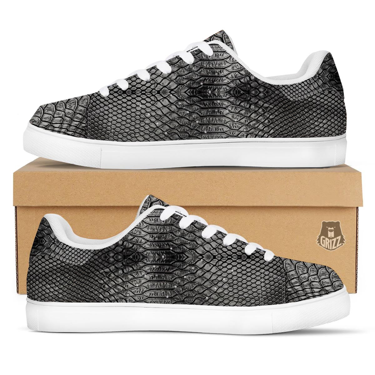 Snakeskin Black And Tan Print Pattern White Low Top Sneakers-grizzshop