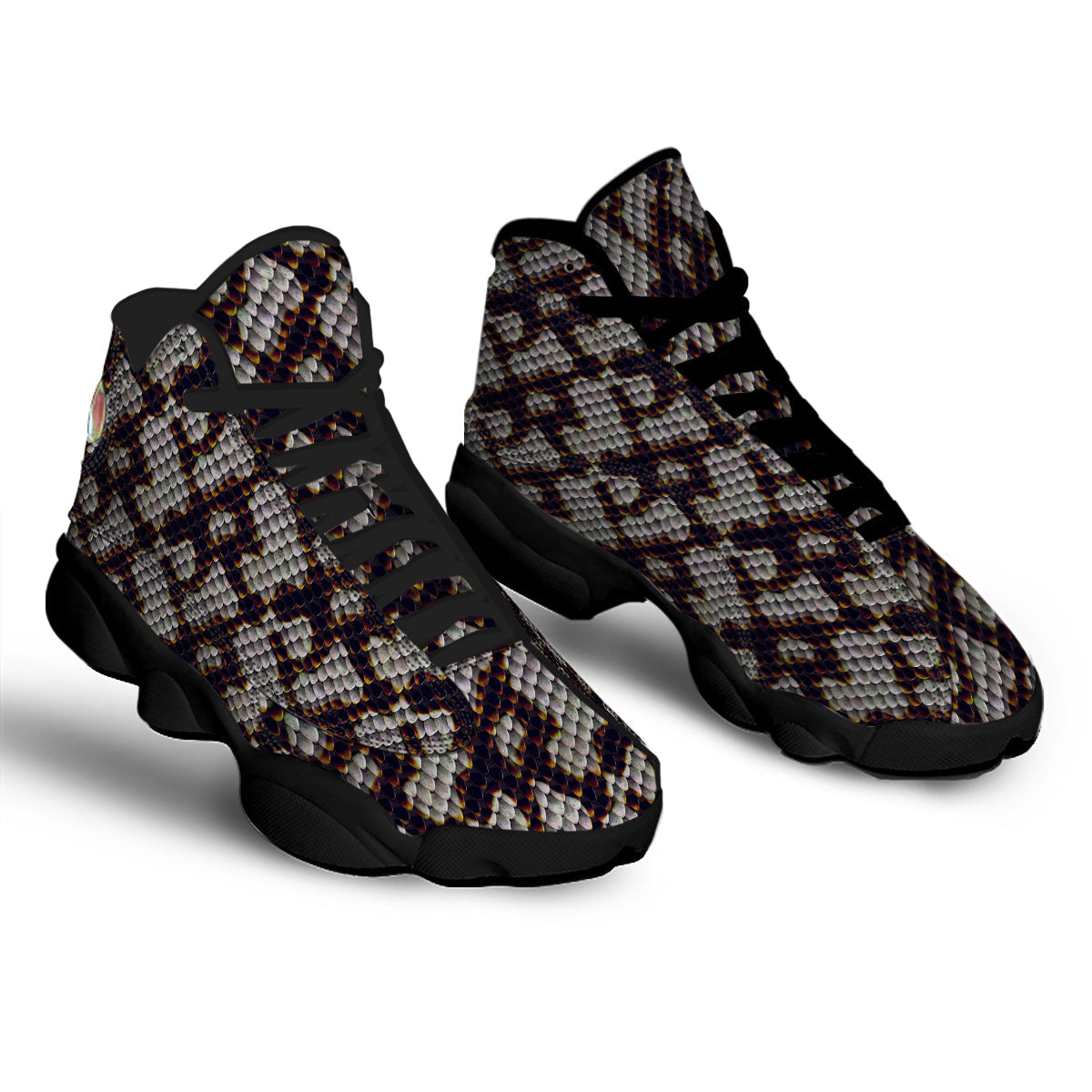 Snakeskin Black And White Texture Print Black Basketball Shoes-grizzshop
