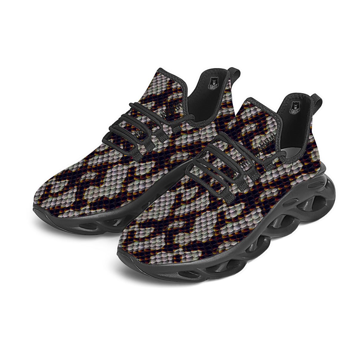 Snakeskin Black And White Texture Print Black Running Shoes-grizzshop