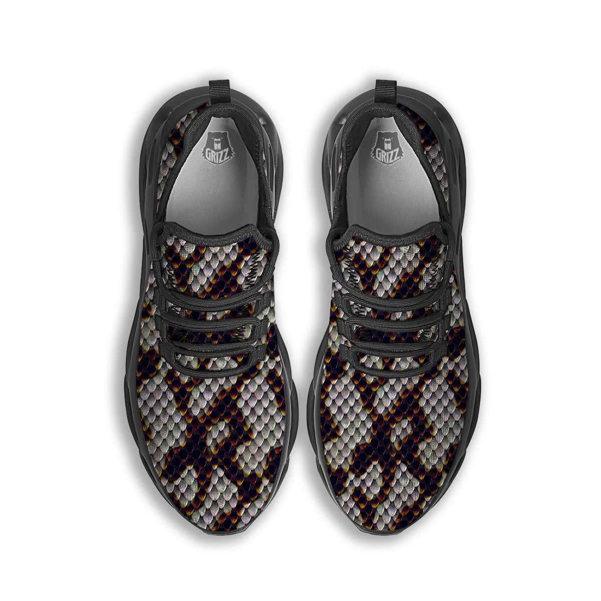 Snakeskin Black And White Texture Print Black Running Shoes-grizzshop