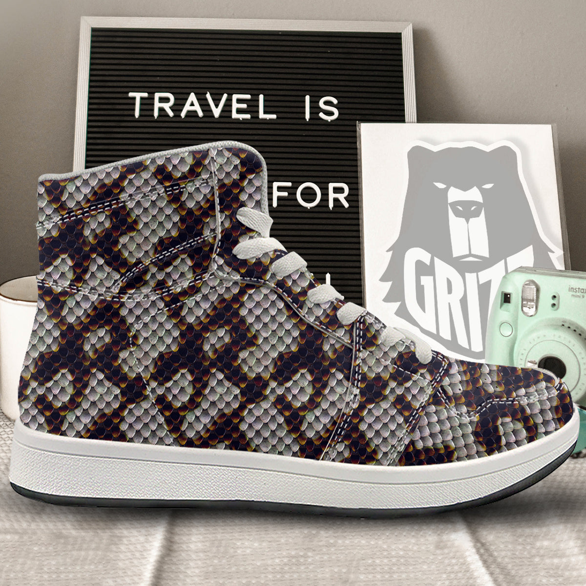 Snakeskin Black And White Texture Print High Top Sneakers-grizzshop