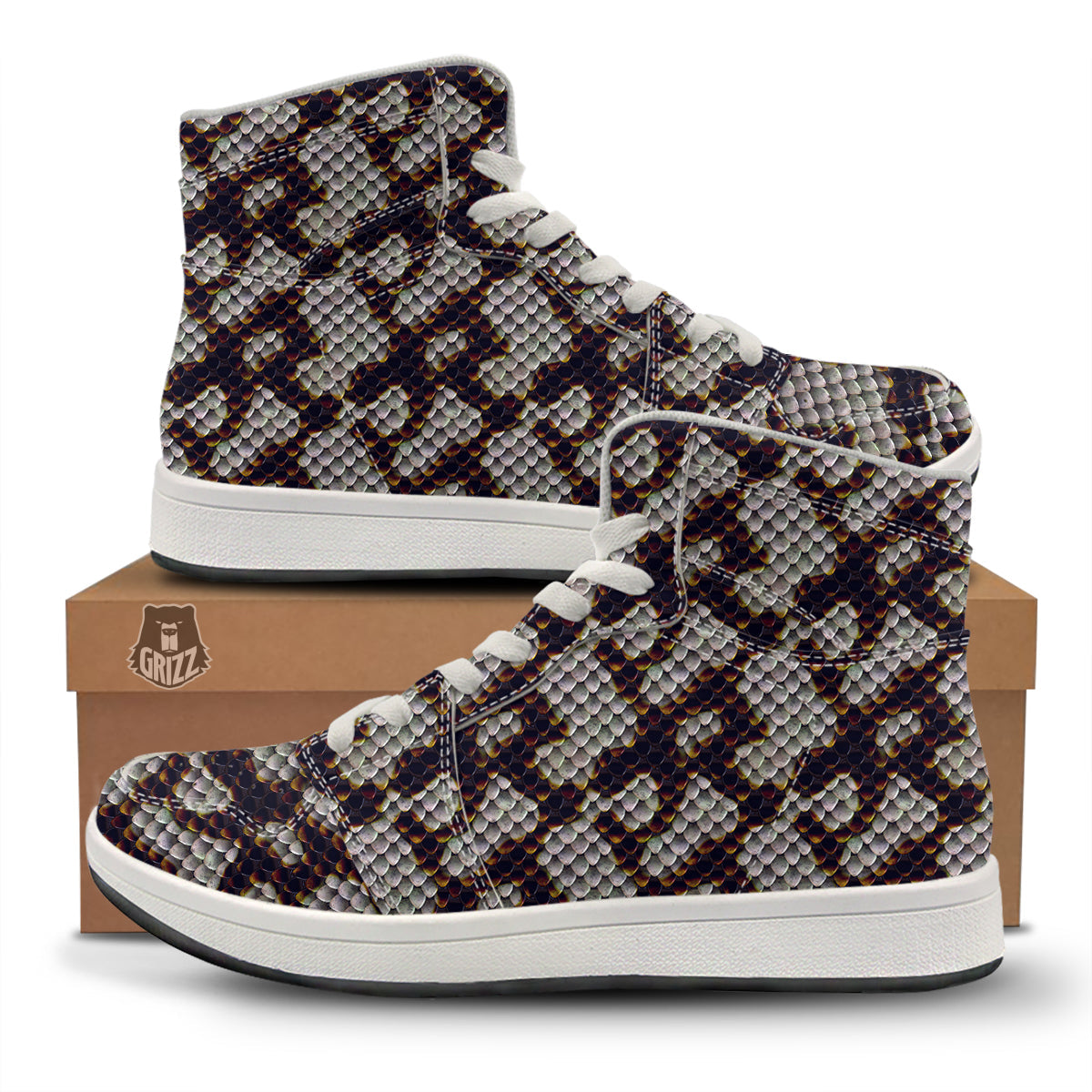 Snakeskin Black And White Texture Print High Top Sneakers-grizzshop