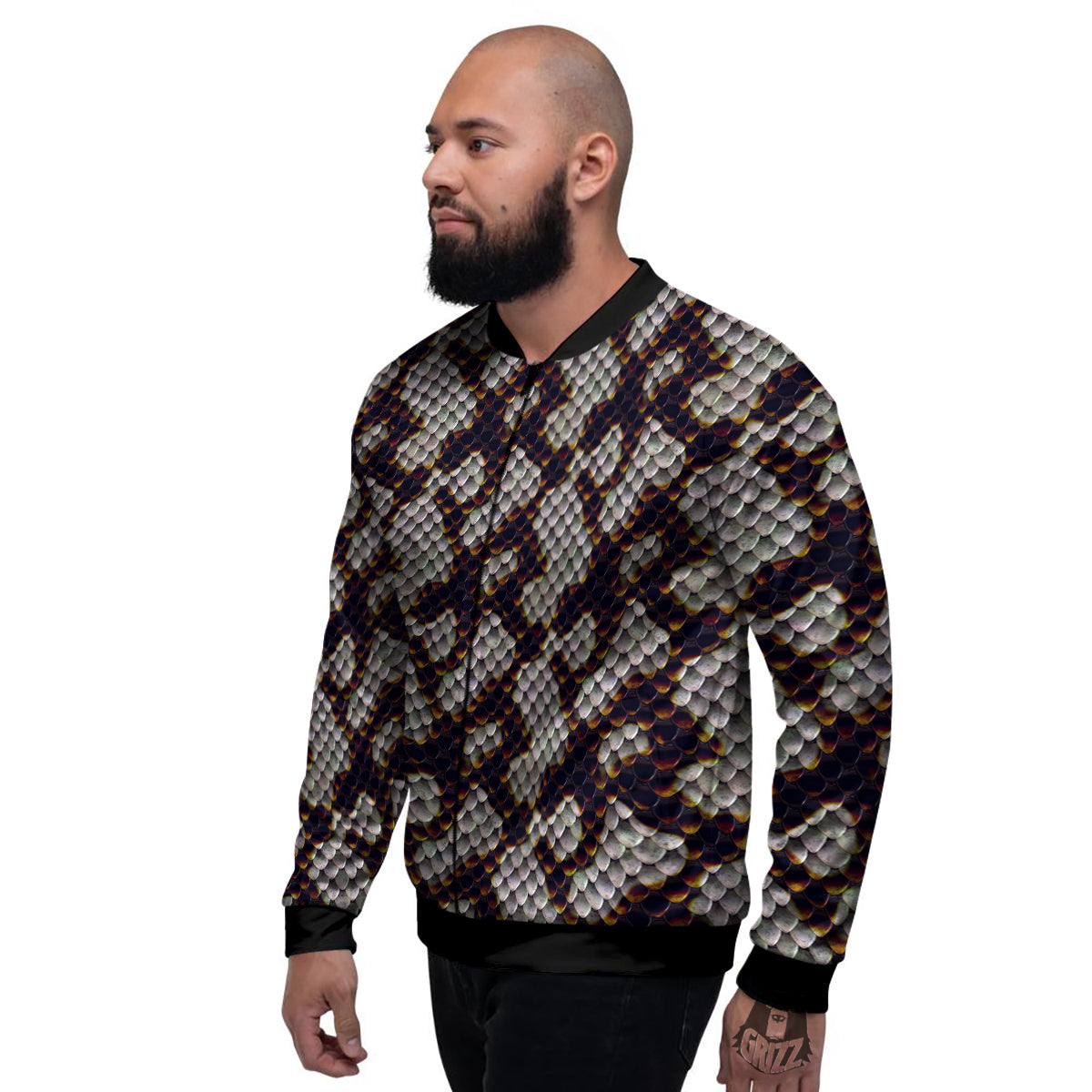 Snakeskin Black And White Texture Print Men's Bomber Jacket-grizzshop