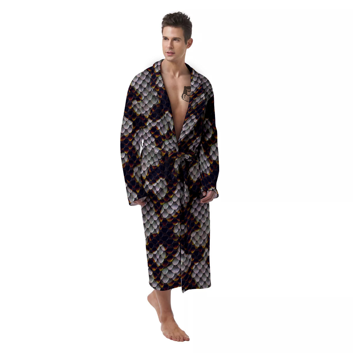 Snakeskin Black And White Texture Print Men's Robe-grizzshop