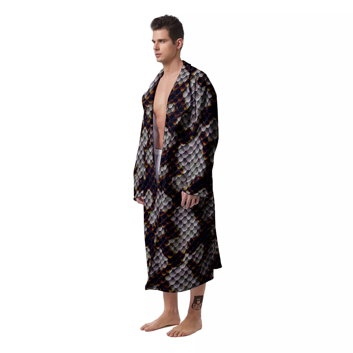 Snakeskin Black And White Texture Print Men's Robe-grizzshop