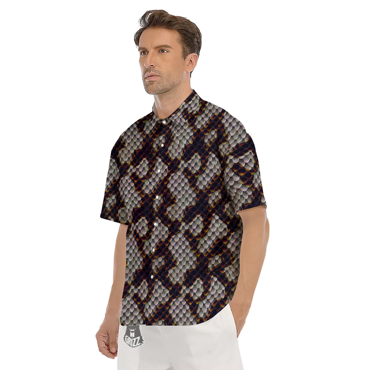Snakeskin Black And White Texture Print Men's Short Sleeve Shirts-grizzshop