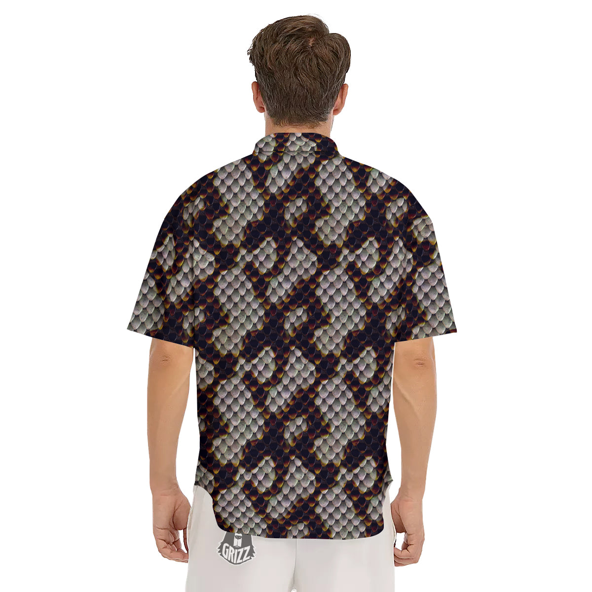 Snakeskin Black And White Texture Print Men's Short Sleeve Shirts-grizzshop