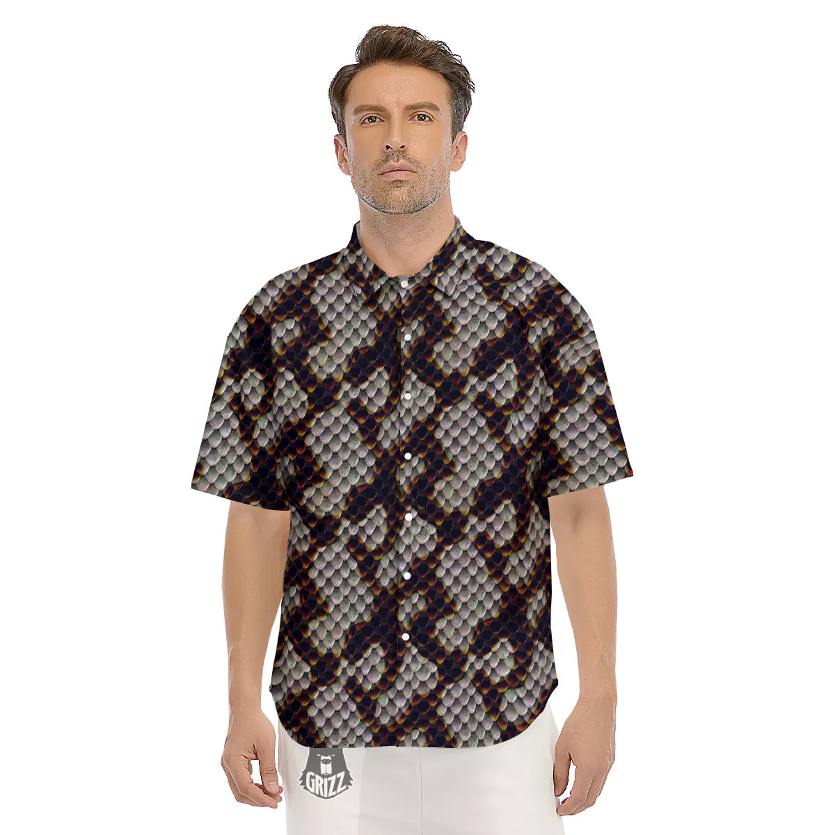 Snakeskin Black And White Texture Print Men's Short Sleeve Shirts-grizzshop