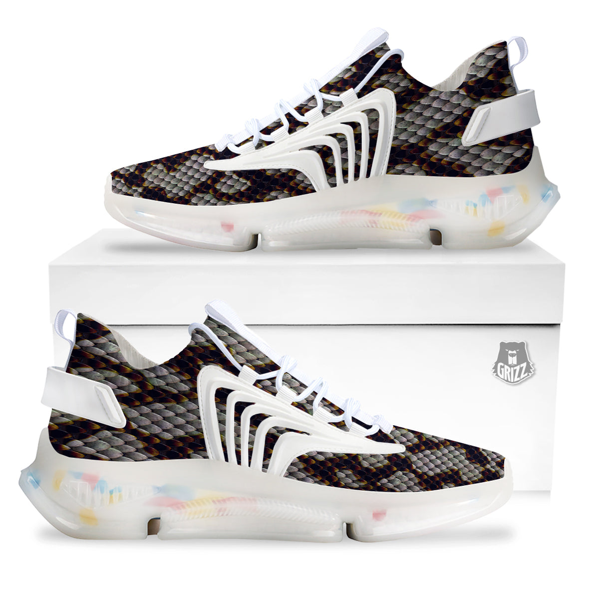 Snakeskin Black And White Texture Print White Gym Shoes-grizzshop