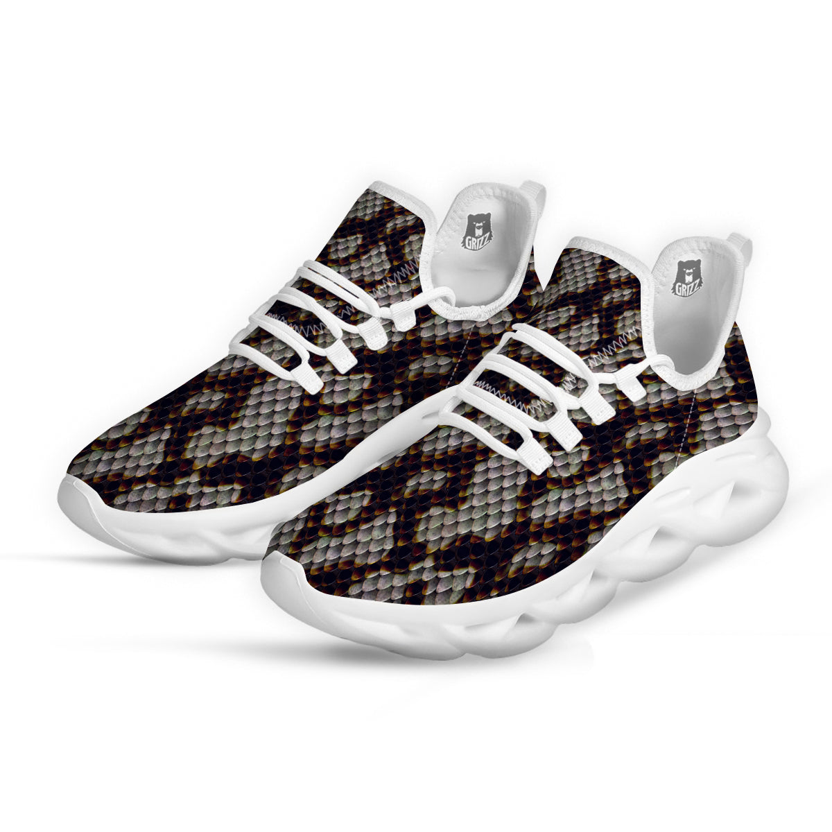 Snakeskin Black And White Texture Print White Running Shoes-grizzshop