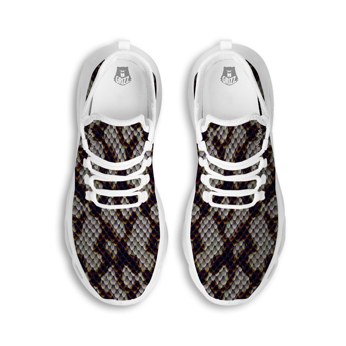Snakeskin Black And White Texture Print White Running Shoes-grizzshop
