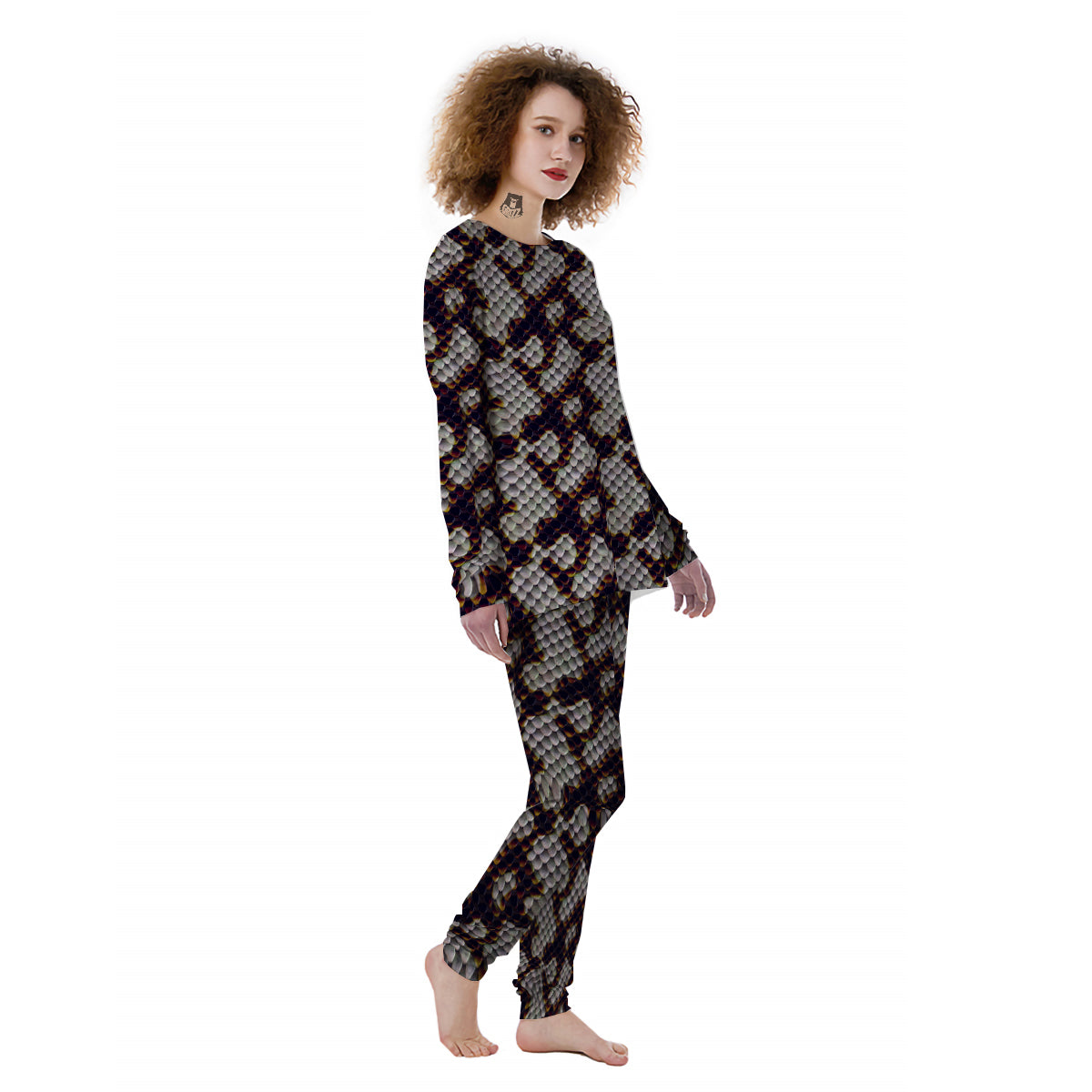 Snakeskin Black And White Texture Print Women's Pajamas-grizzshop