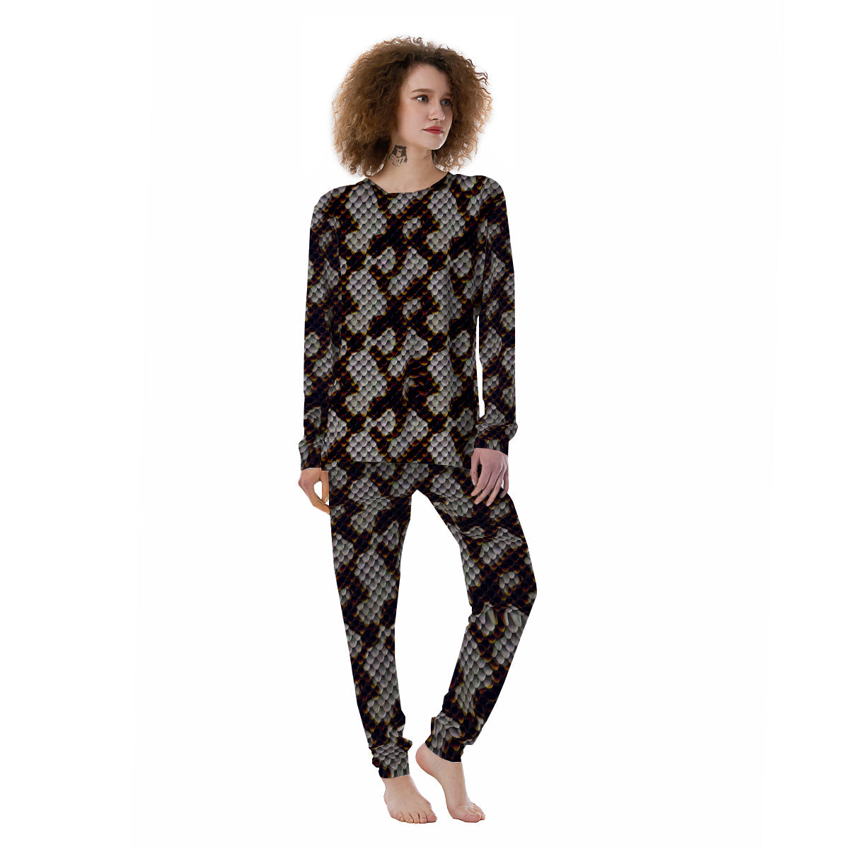 Snakeskin Black And White Texture Print Women's Pajamas-grizzshop