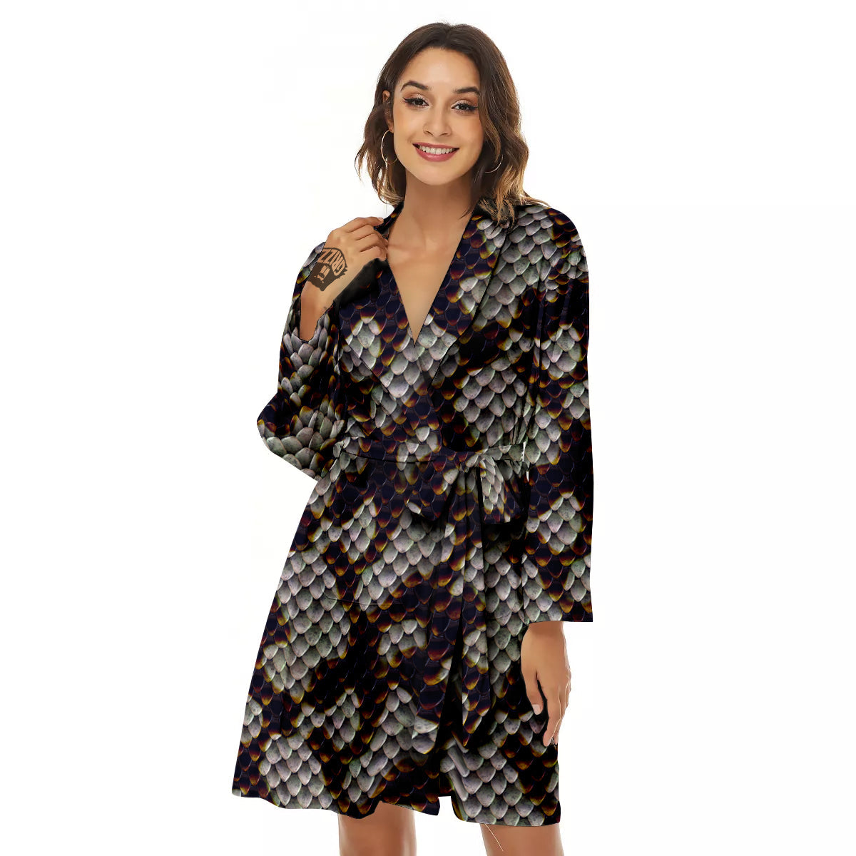 Snakeskin Black And White Texture Print Women's Robe-grizzshop