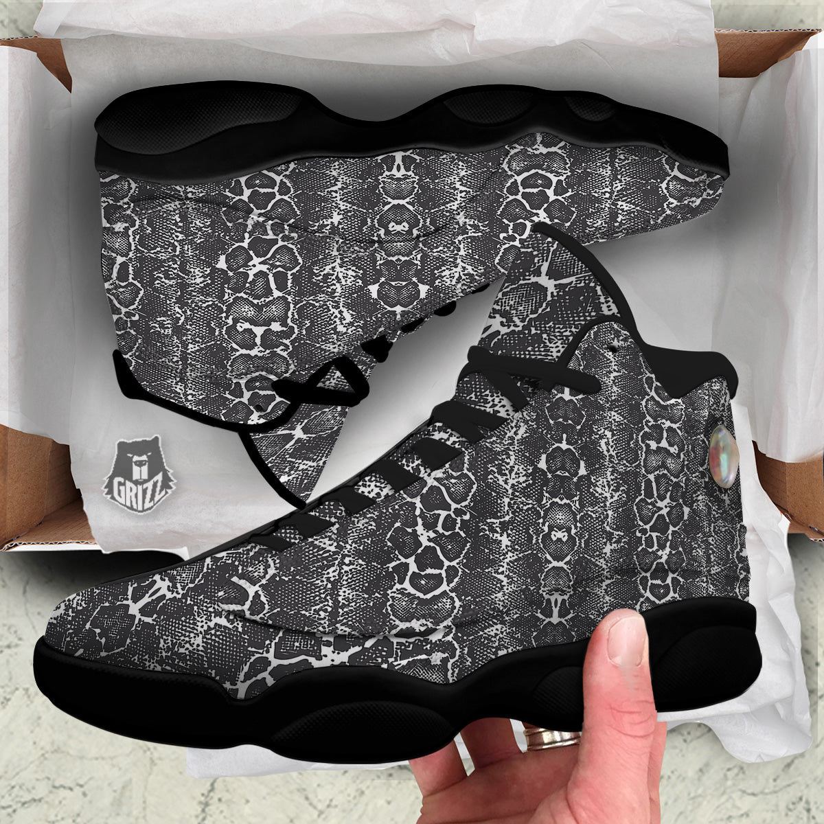 Snakeskin Black Print Black Basketball Shoes-grizzshop