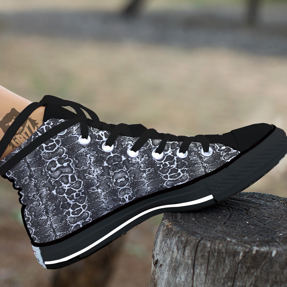 Snakeskin Black Print Black High Top Shoes-grizzshop