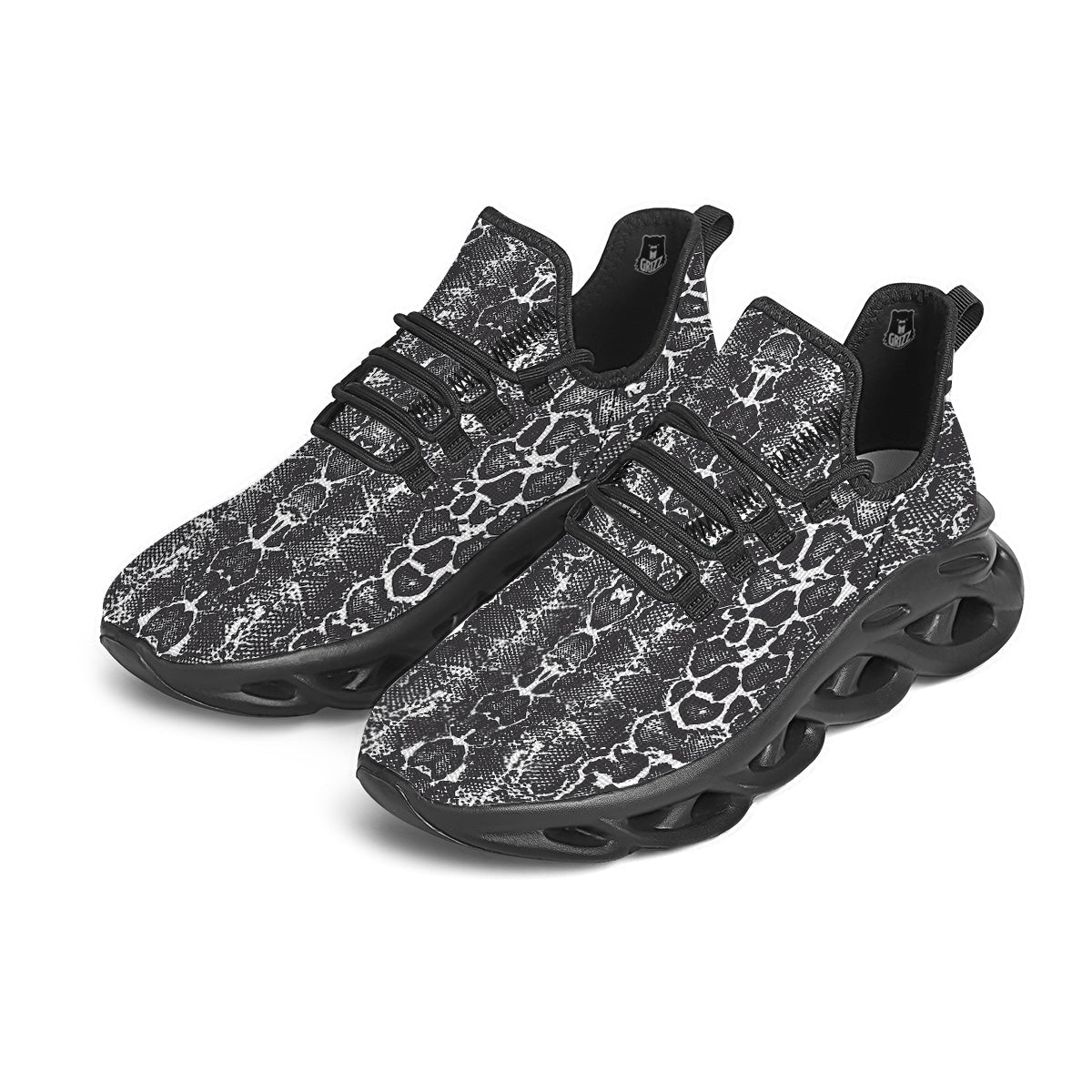 Snakeskin Black Print Black Running Shoes-grizzshop