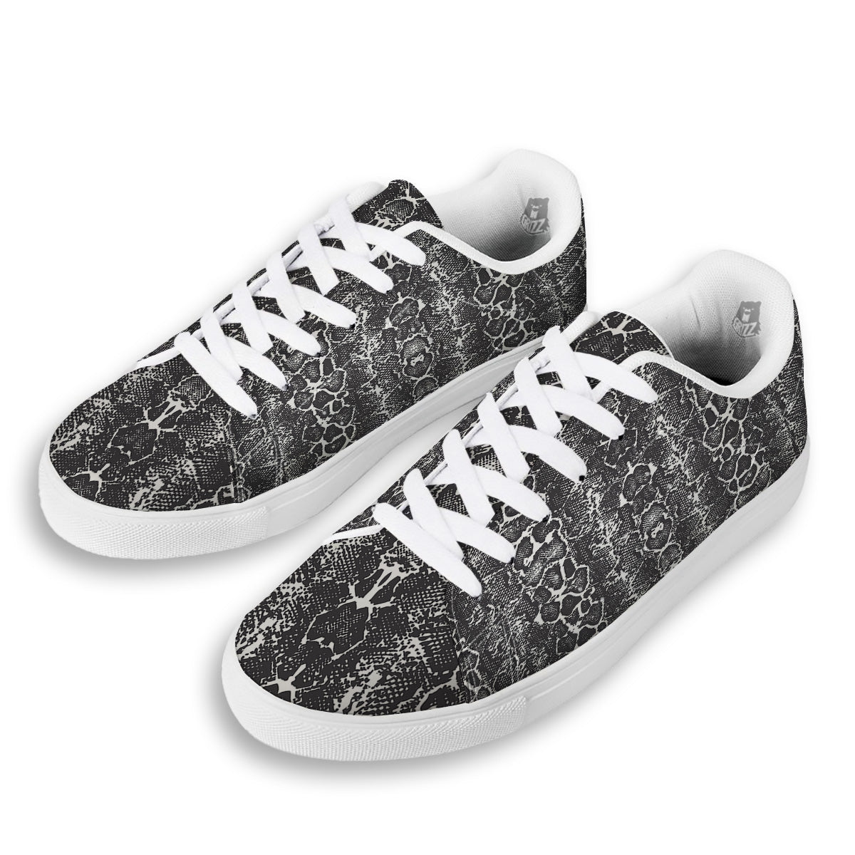 Snakeskin Black Print White Low Top Sneakers-grizzshop