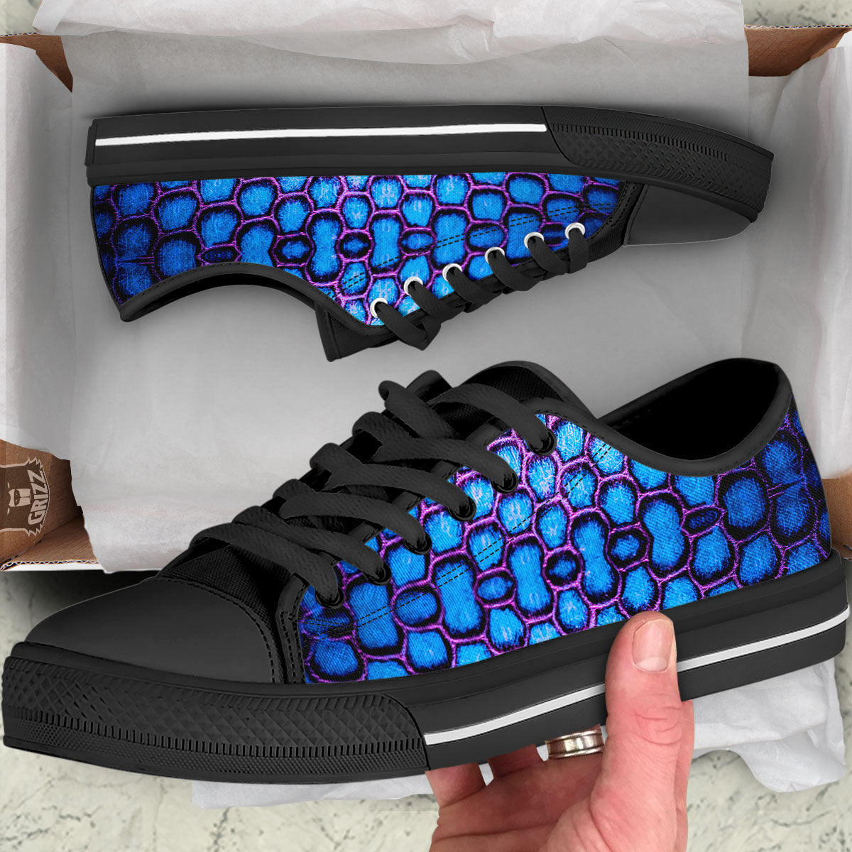 Snakeskin Blue And Purple Print Pattern Black Low Top Shoes-grizzshop