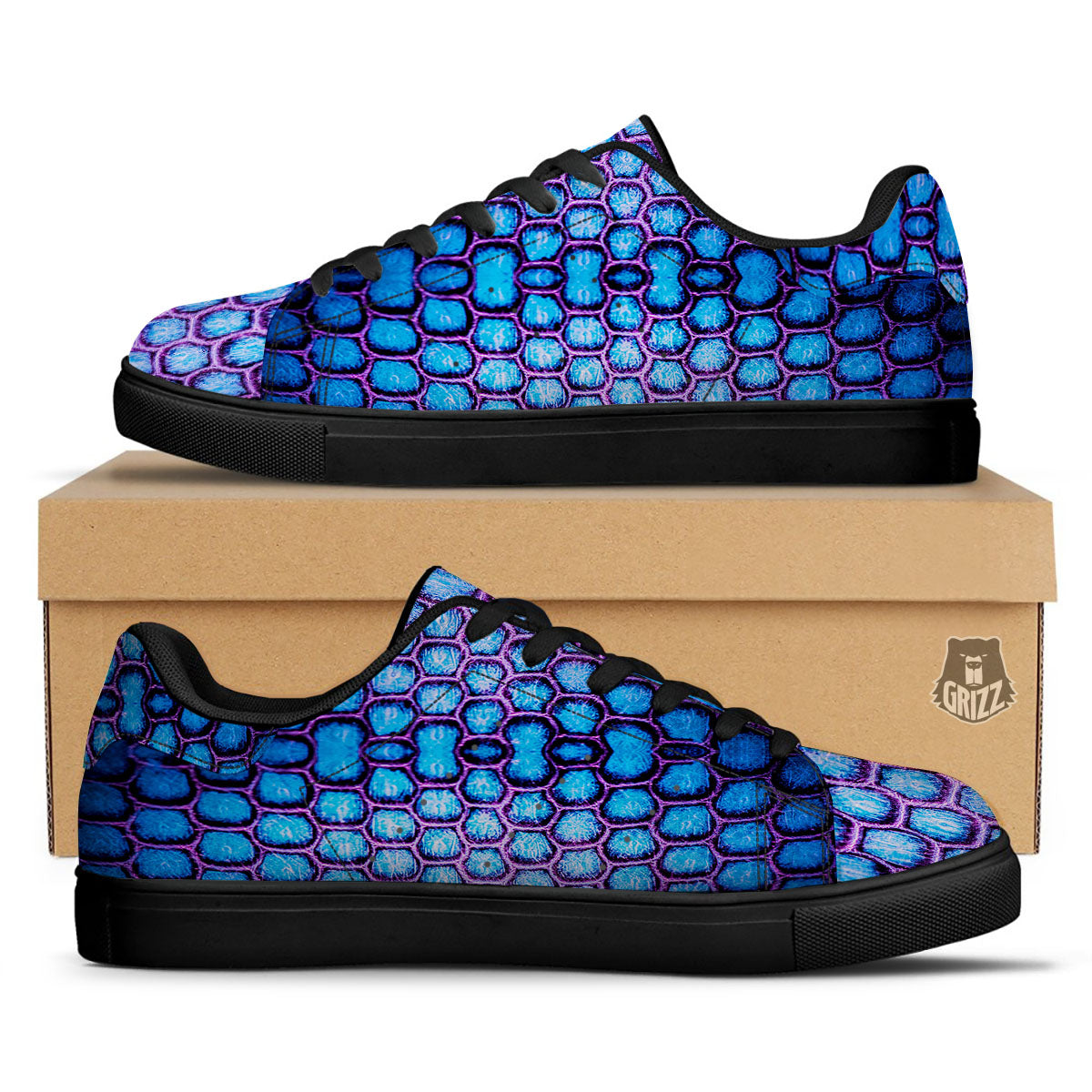 Snakeskin Blue And Purple Print Pattern Black Low Top Sneakers-grizzshop