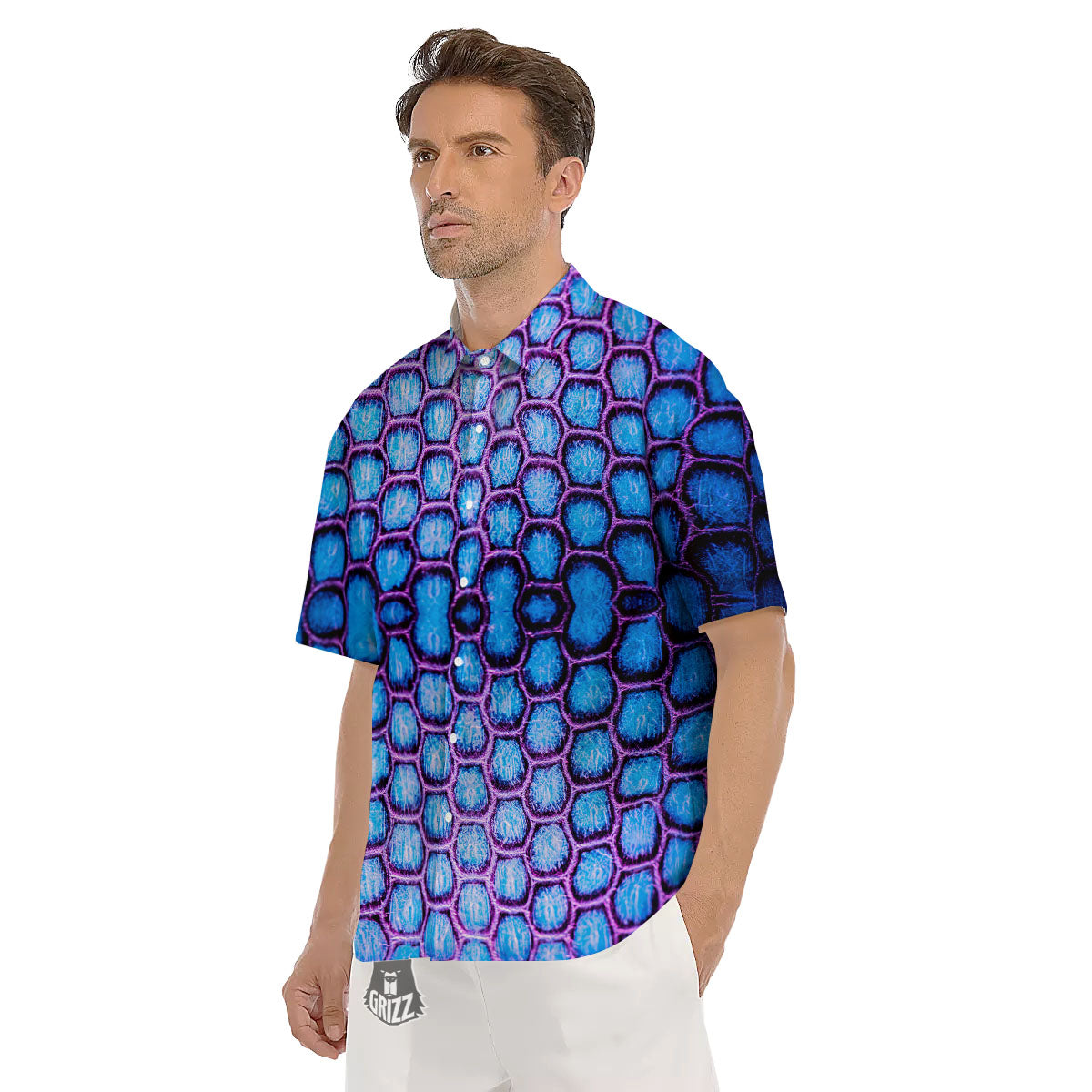 Snakeskin Blue And Purple Print Pattern Men's Short Sleeve Shirts-grizzshop