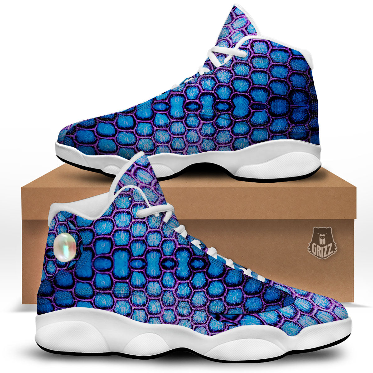 Snakeskin Blue And Purple Print Pattern White Basketball Shoes-grizzshop