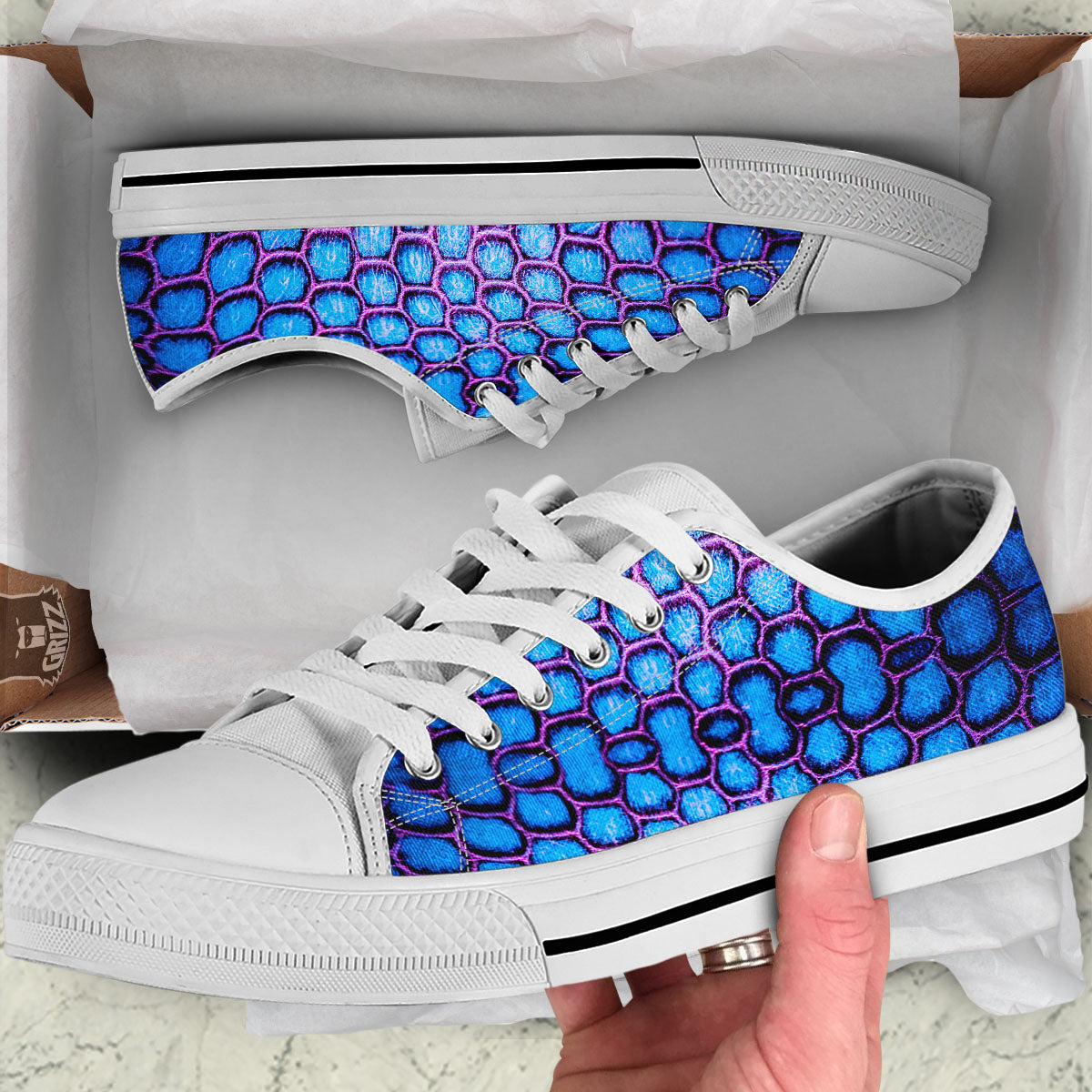 Snakeskin Blue And Purple Print Pattern White Low Top Shoes-grizzshop