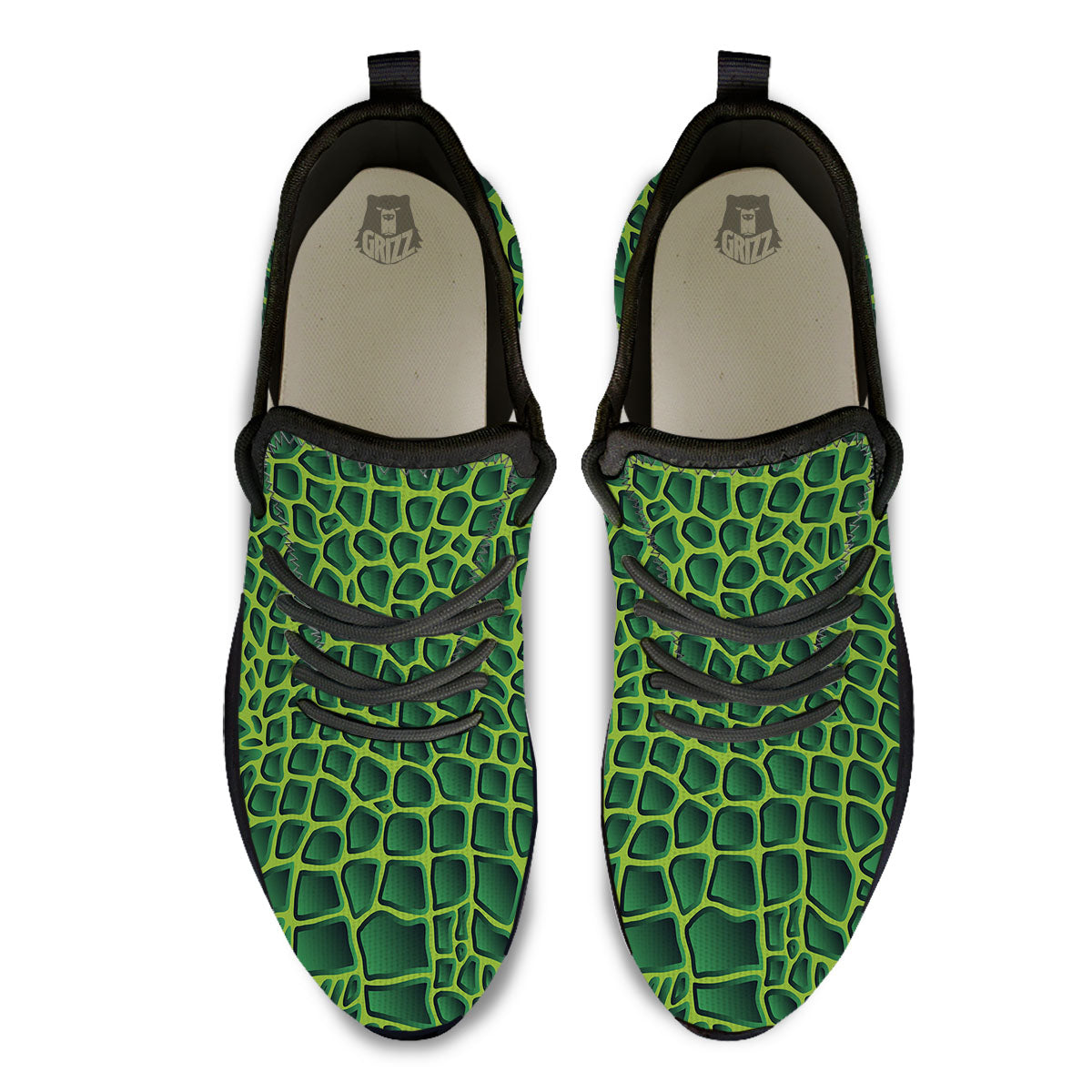 Snakeskin Green Print Black Athletic Shoes-grizzshop