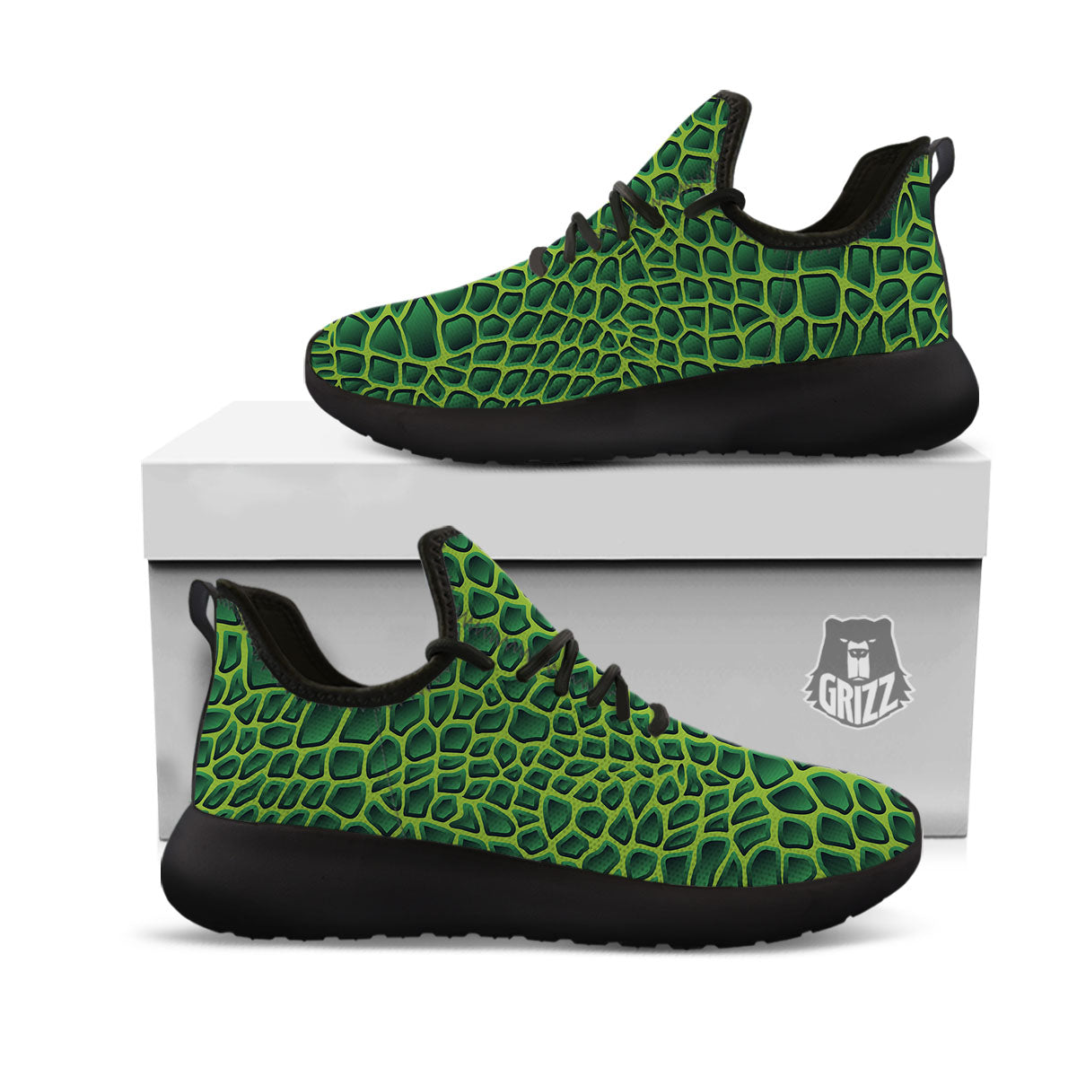 Snakeskin Green Print Black Athletic Shoes-grizzshop