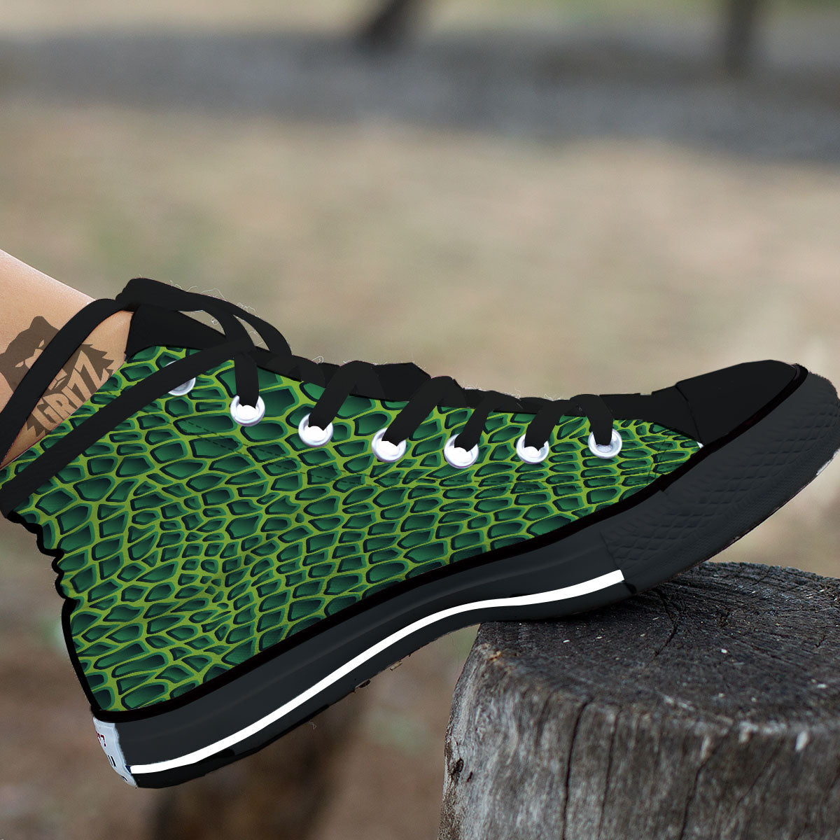Snakeskin Green Print Black High Top Shoes-grizzshop