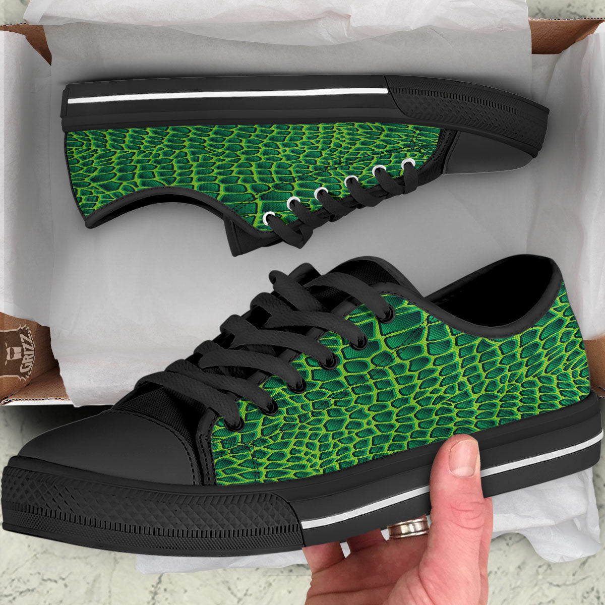 Snakeskin Green Print Black Low Top Shoes-grizzshop