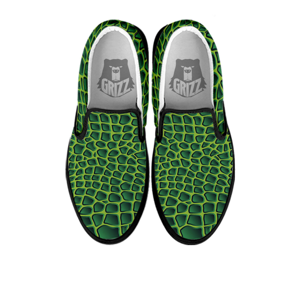 Snakeskin Green Print Black Slip On Shoes-grizzshop