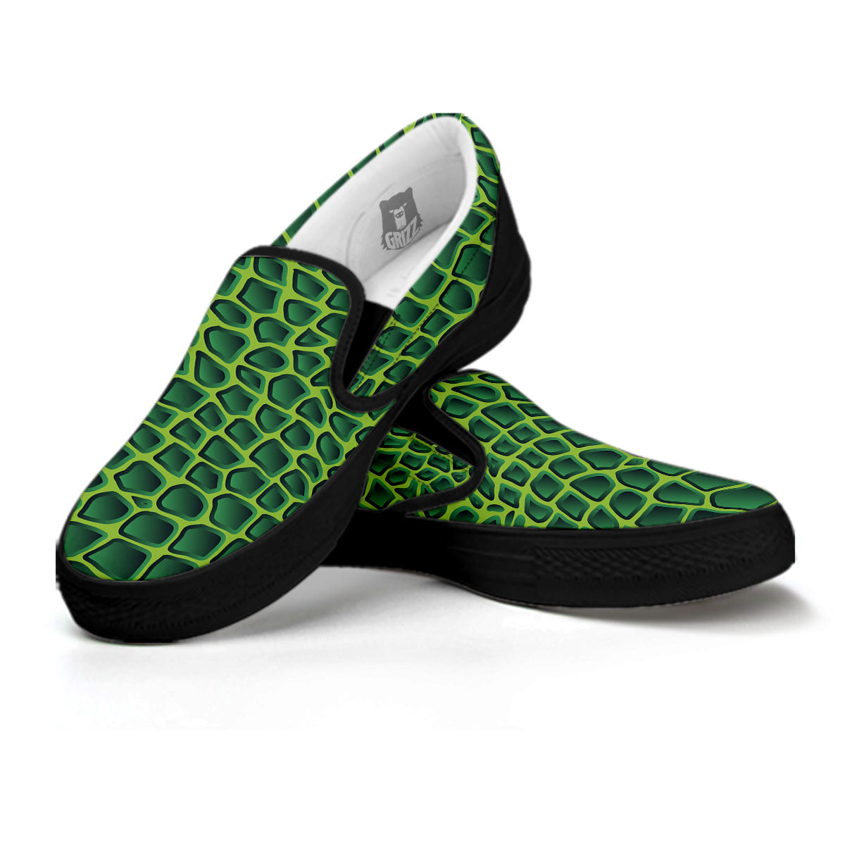 Snakeskin Green Print Black Slip On Shoes-grizzshop