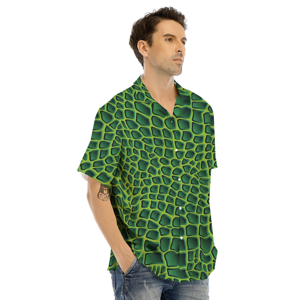 Snakeskin Green Print Men's Hawaiian Shirt-grizzshop