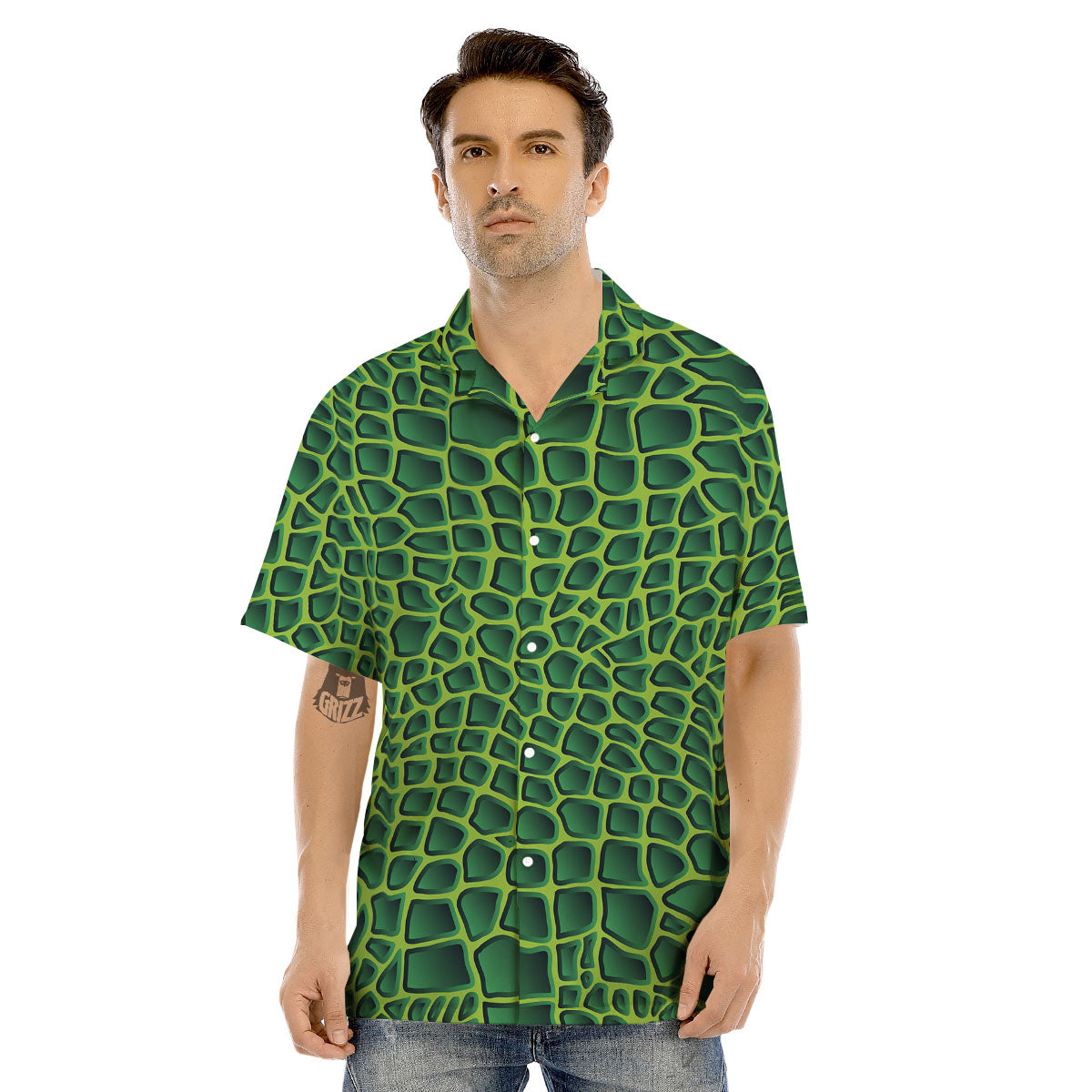 Snakeskin Green Print Men's Hawaiian Shirt-grizzshop