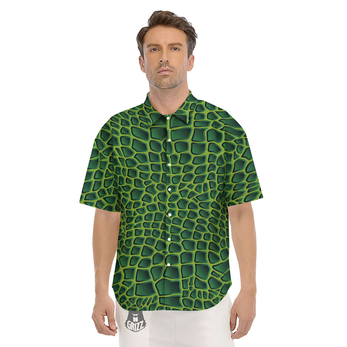 Snakeskin Green Print Men's Short Sleeve Shirts-grizzshop