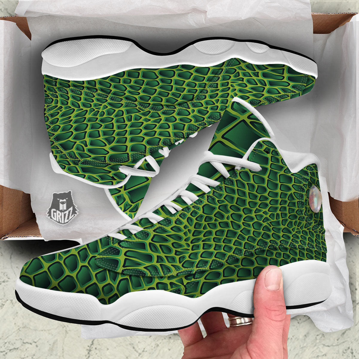 Snakeskin Green Print White Basketball Shoes-grizzshop