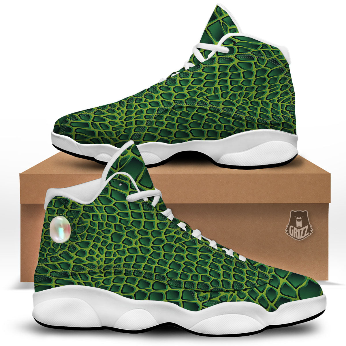 Snakeskin Green Print White Basketball Shoes-grizzshop
