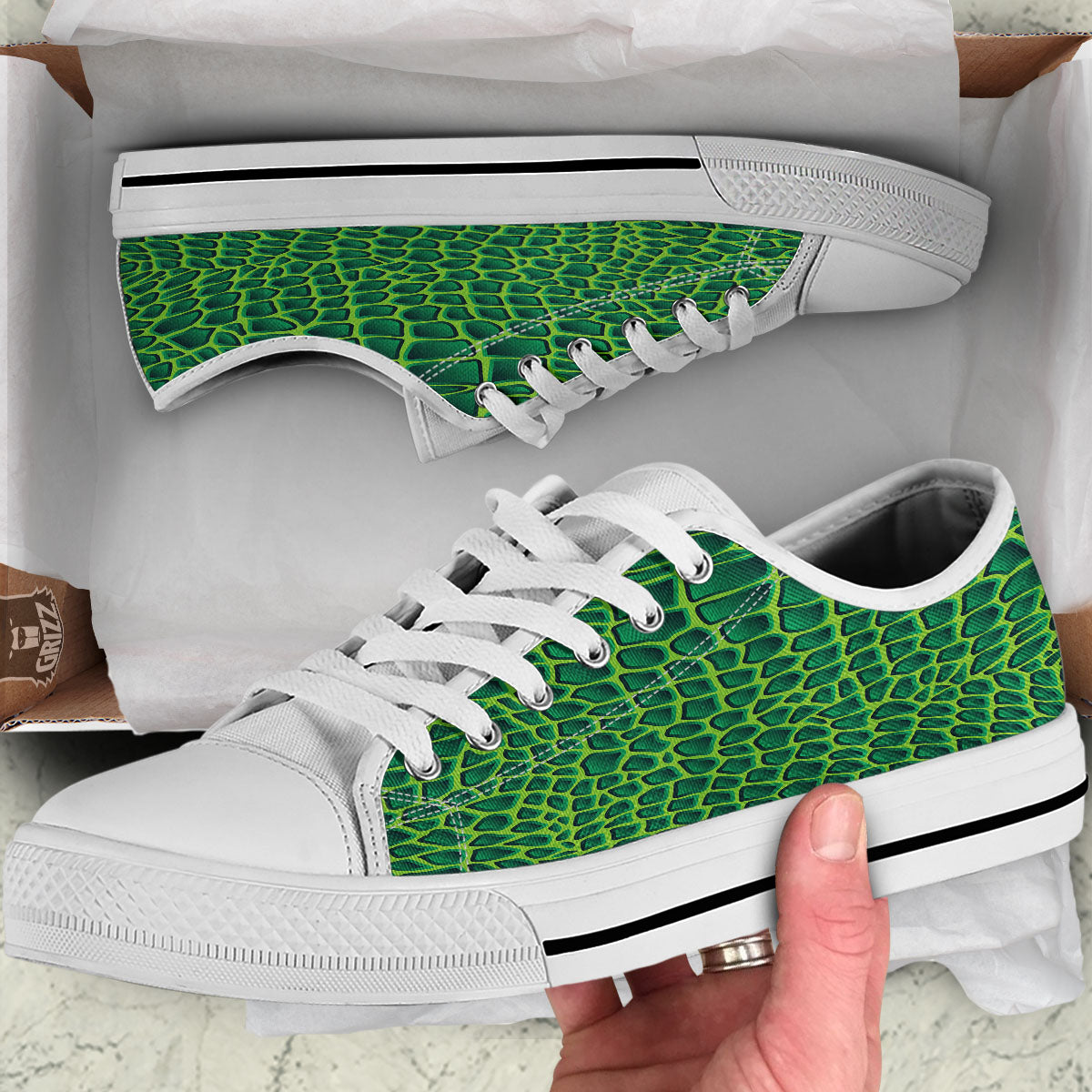 Snakeskin Green Print White Low Top Shoes-grizzshop
