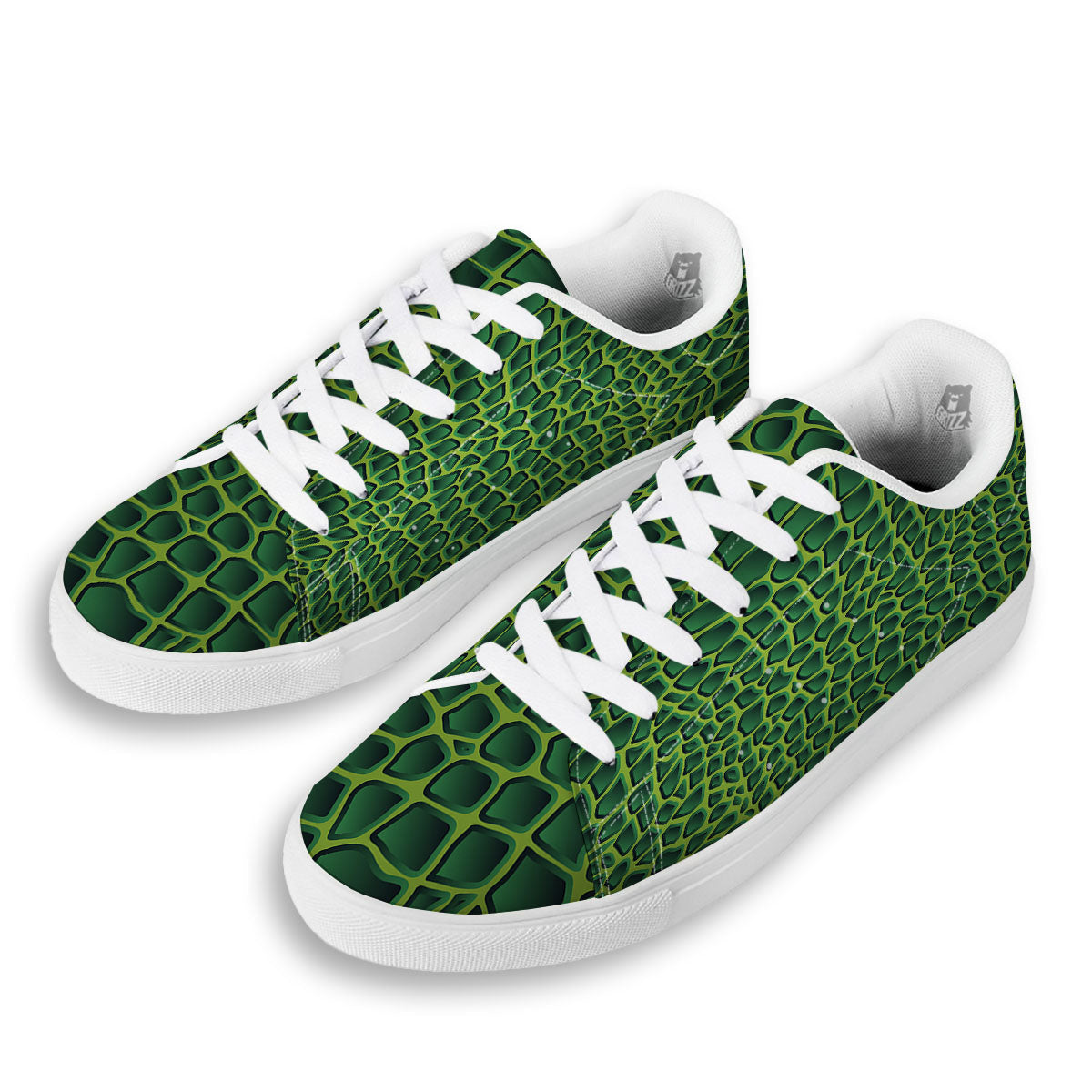 Snakeskin Green Print White Low Top Sneakers-grizzshop