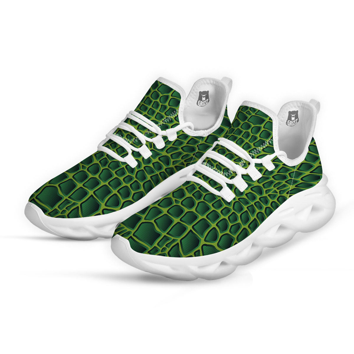 Snakeskin Green Print White Running Shoes-grizzshop