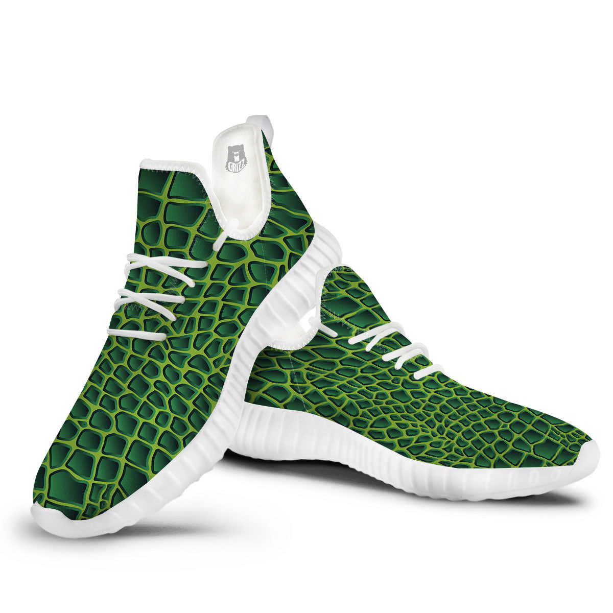 Snakeskin Green Print White Walking Shoes-grizzshop