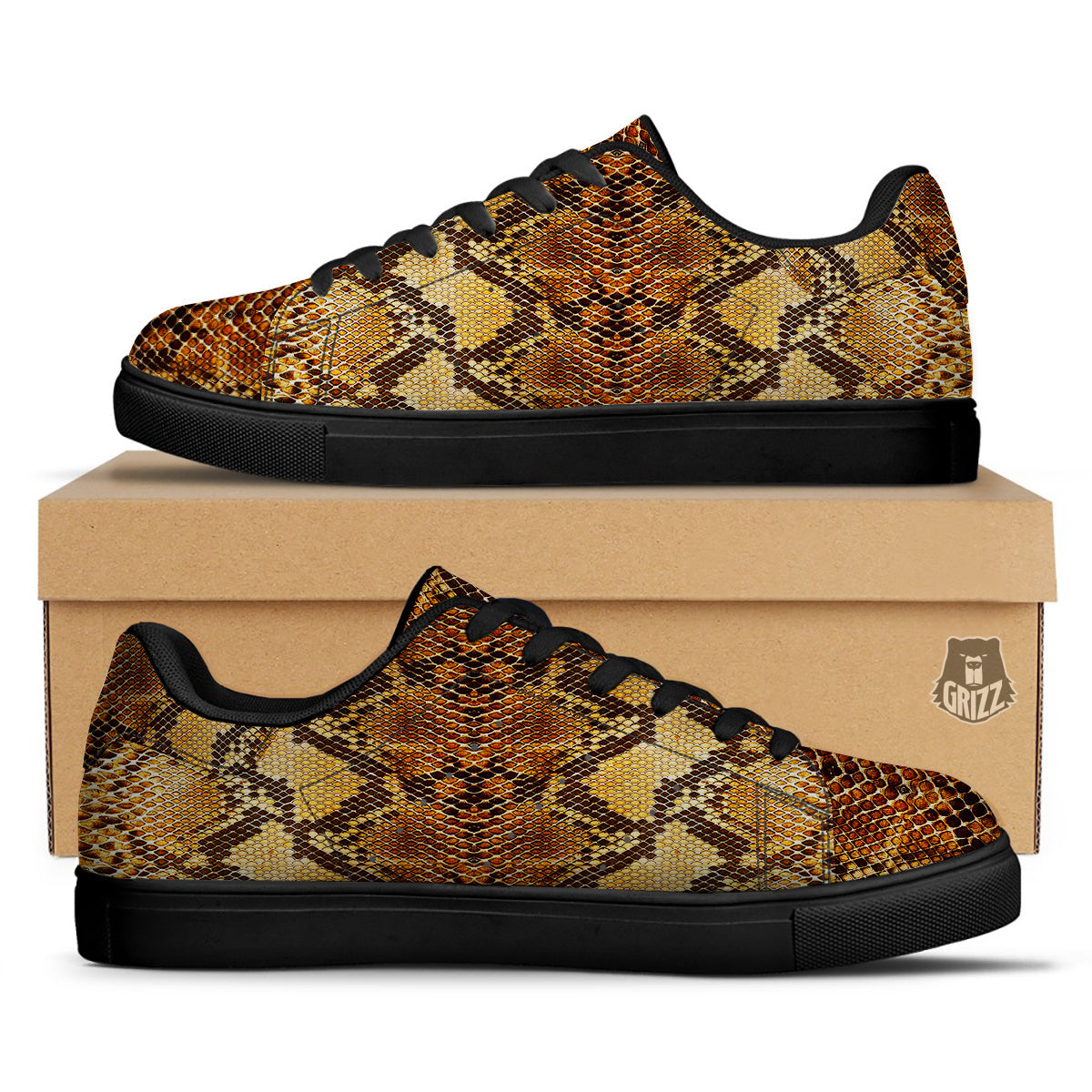 Snakeskin Leathers Print Black Low Top Sneakers-grizzshop