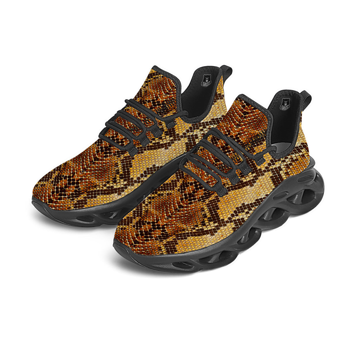 Snakeskin Leathers Print Black Running Shoes-grizzshop
