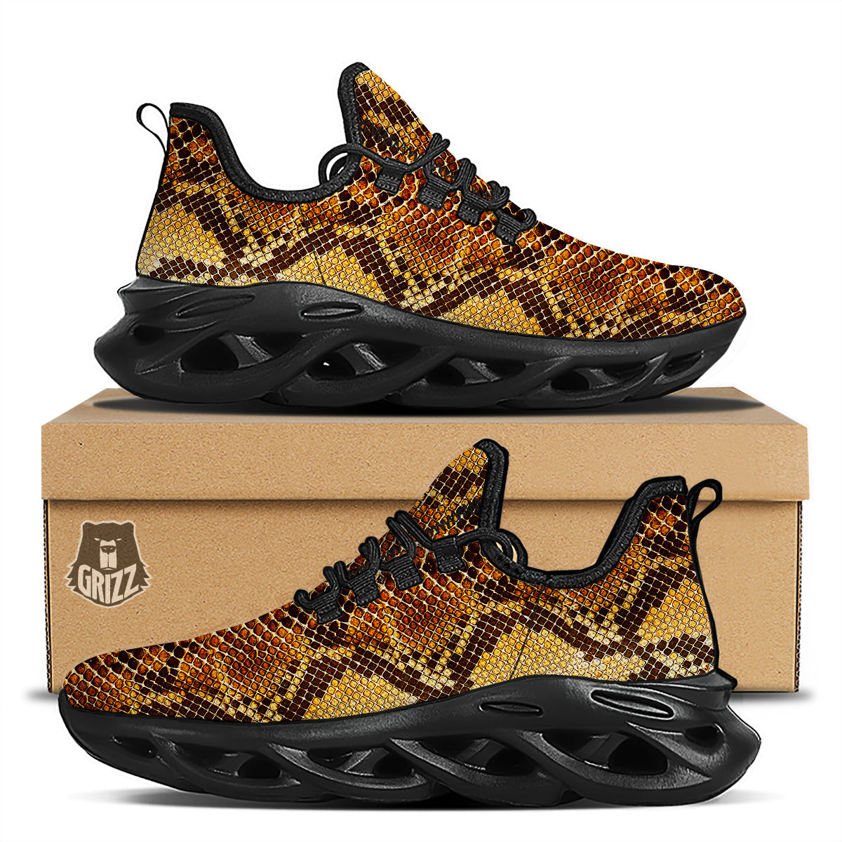 Snakeskin Leathers Print Black Running Shoes-grizzshop